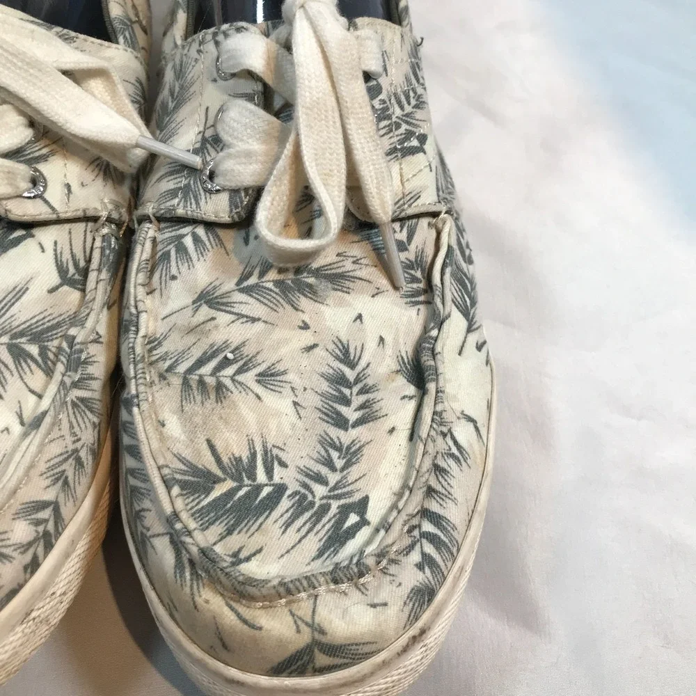 Tretorn Motto Palm Leaf Print Boat‎ Shoes Mens 10 Cream Grey Textile MTMOTTO4
